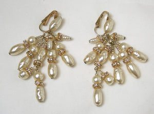 Vintage Signed KIM Faux Pearl & Crystal Earrings