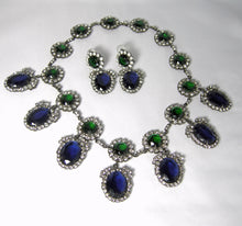 Load image into Gallery viewer, Signed Kenneth Lane Book Piece Faux Sapphire &amp; Emerald Crystal Bib Set