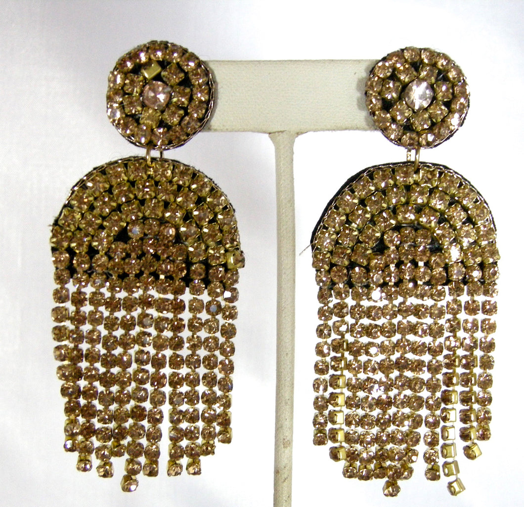 Kenneth Jay Lane Long Champagne Crystal Waterfall Dangling Pierced Earrings - JD10121