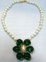 Load image into Gallery viewer, Signed Kenneth J. Lane Faux Pearl &amp; Green Pendant Necklace