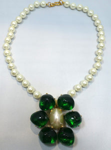 Signed Kenneth J. Lane Faux Pearl & Green Pendant Necklace