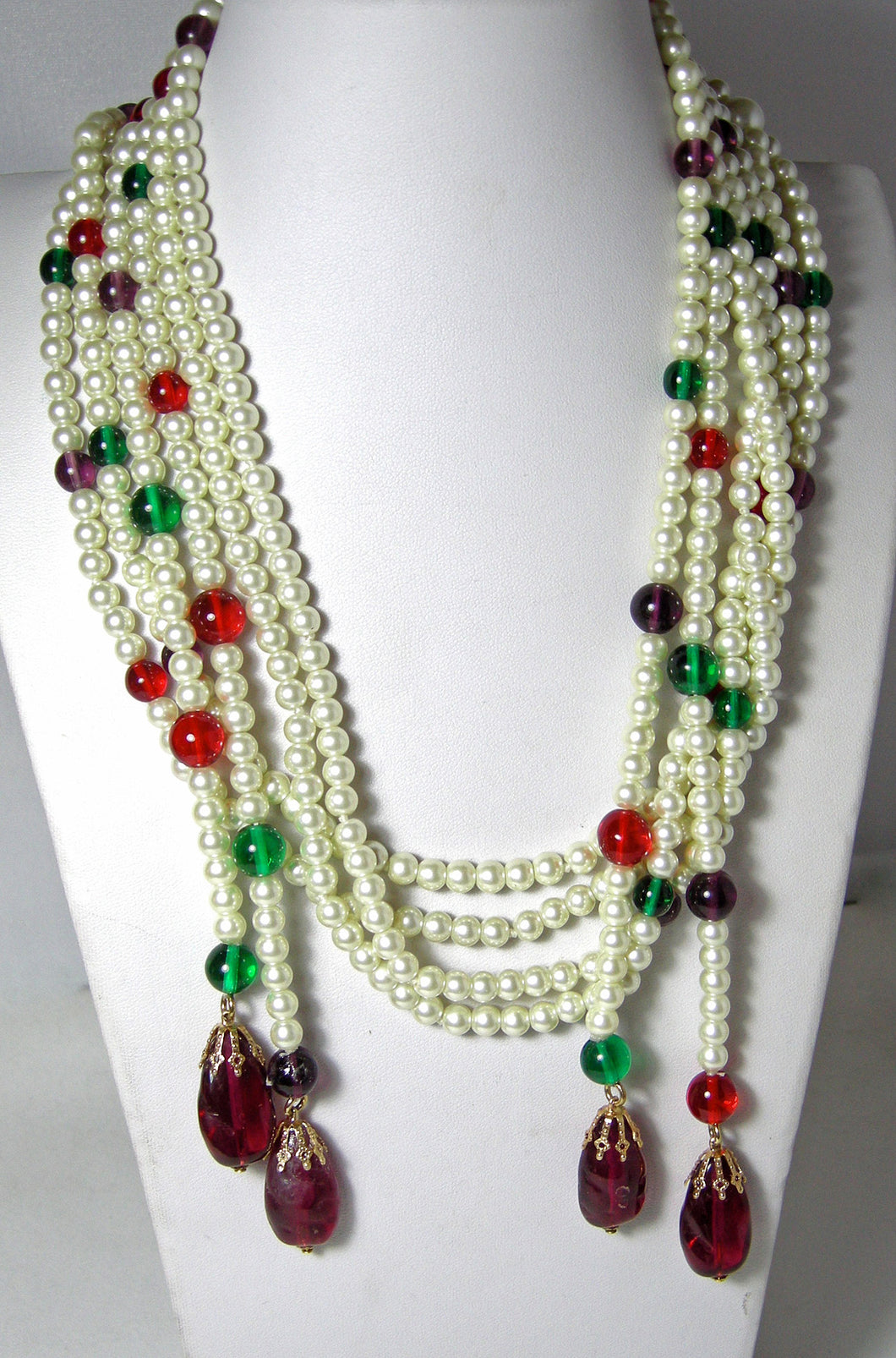 Vintage Signed Kenneth Lane Long, Long Faux Pearl and Colorful Glass Lariat Necklace  - JD10512
