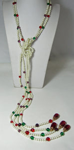 Vintage Signed Kenneth Lane Long, Long Faux Pearl and Colorful Glass Lariat Necklace  - JD10512