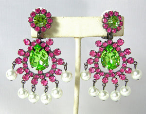 Vintage Signed KJL Colorful Crystals And Faux Pearl Drop Earrings - JD10357