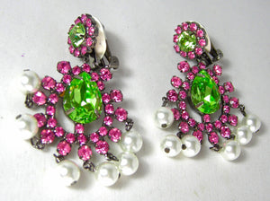 Vintage Signed KJL Colorful Crystals And Faux Pearl Drop Earrings - JD10357