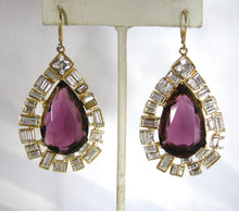 Load image into Gallery viewer, Signed Kenneth Jay Lane Faux Amethyst And Crystal Dangling Pierced Earrings