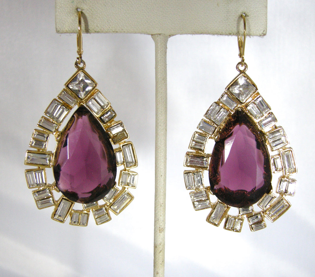 Signed Kenneth Jay Lane Faux Amethyst And Crystal Dangling Pierced Earrings