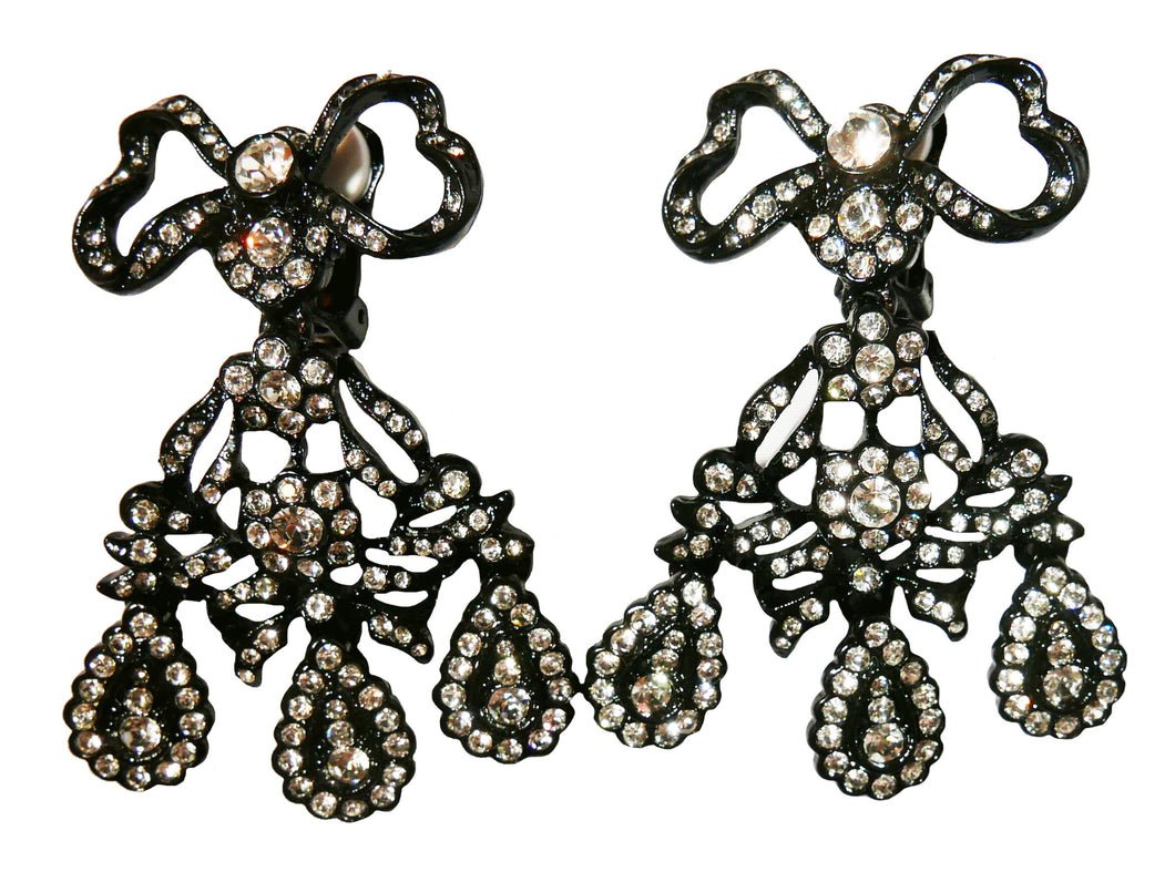 Kenneth Jay Lane Black and Clear Crystal Bows clip on earrings