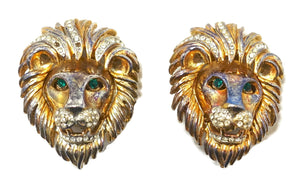 Vintage Lion's Head Green & Clear Crystal Earrings