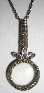 Vintage Sterling Silver Marcasite Magnifying Pendant Necklace - JD10297