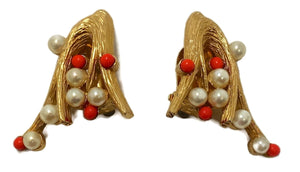 Vintage Signed Joseph Mazer Faux Pearl & Coral Bead Earrings