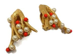 Vintage Signed Joseph Mazer Faux Pearl & Coral Bead Earrings