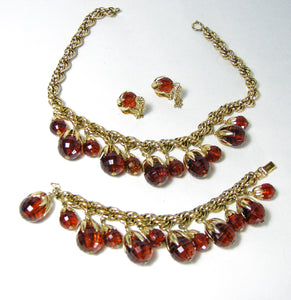 Famous Vintage Signed Napier Faux Amber Acorn Necklace, Bracelet & Earrings Set  - JD10408