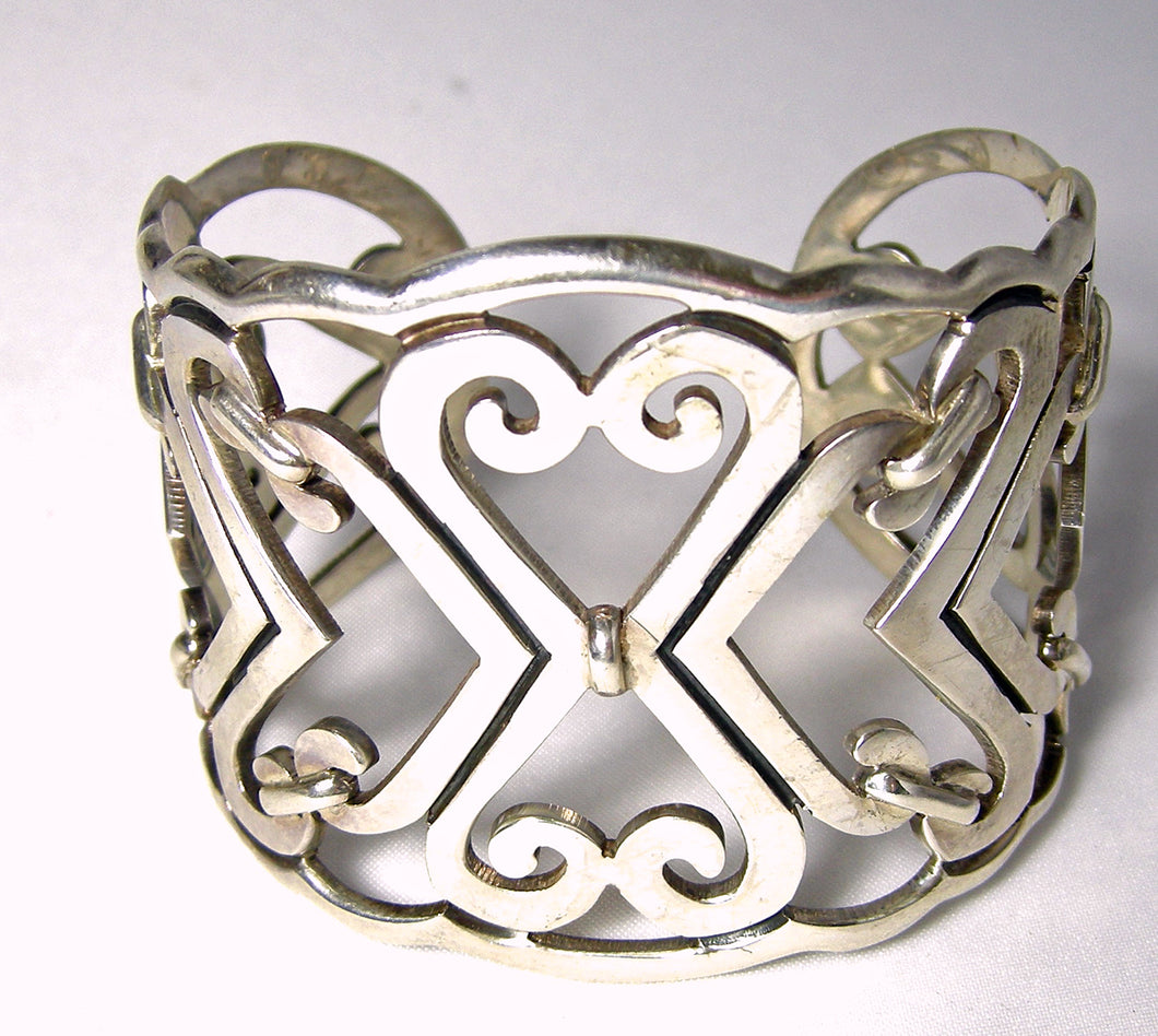 Vintage Signed Sterling Abstract Heart Cuff Bracelet