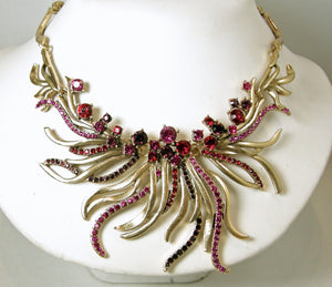 Signed Oscar de la Renta Red, Pink & Amethyst Color Crystals Bib Necklace