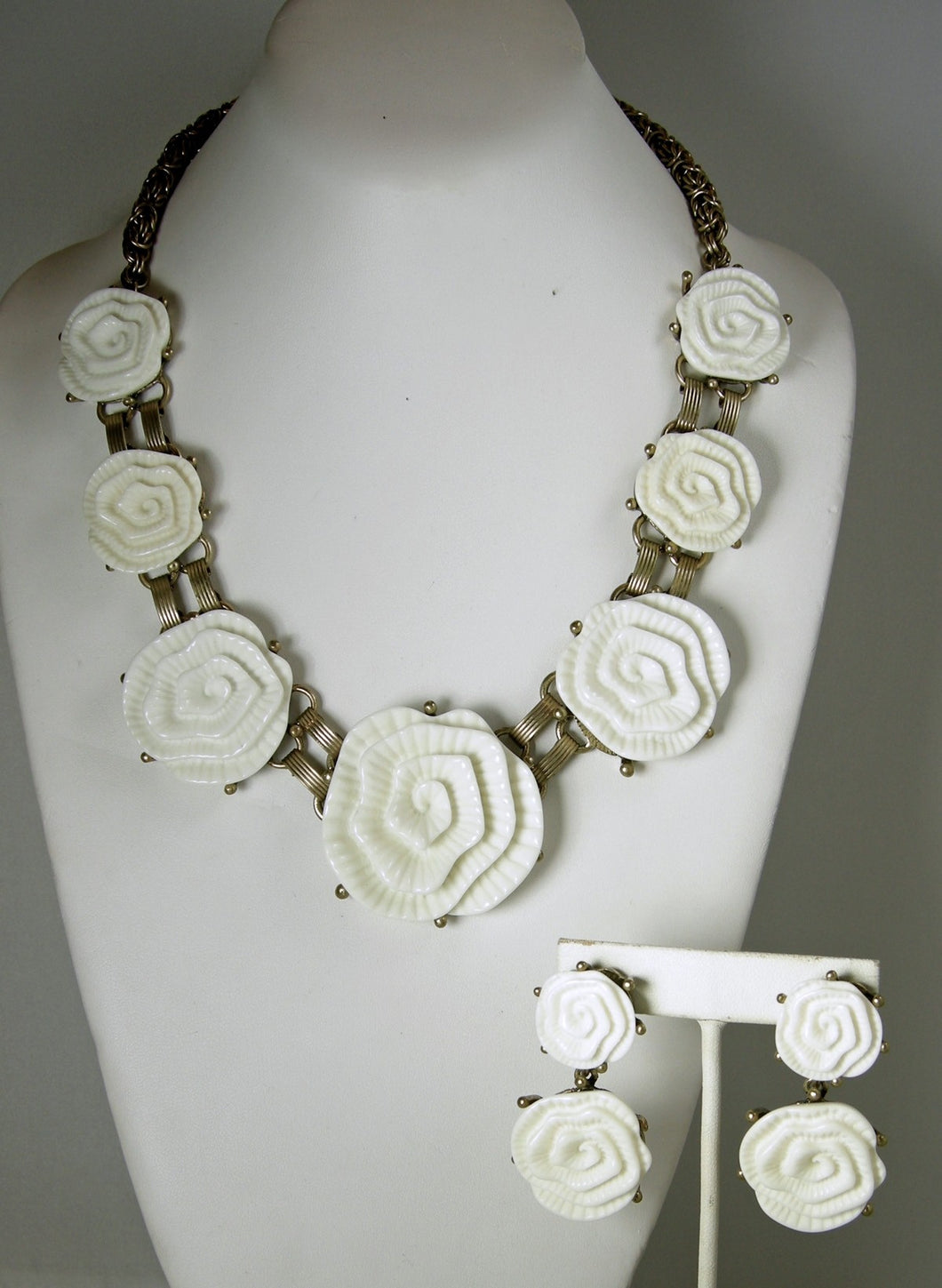 Signed Oscar de la Renta White Camellia Runway Necklace & Earrings Set
