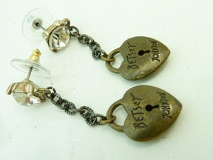 Vintage Signed Betsey Johnson Heart Rhinestone Earrings