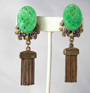 Vintage 1930s Jadite Bronze Tassel Earrings  - JD10262