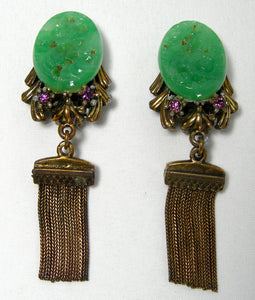 Vintage 1930s Jadite Bronze Tassel Earrings  - JD10262