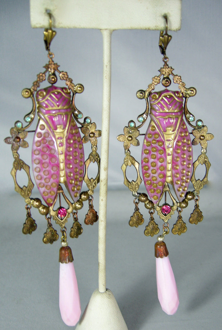 Vintage Signed Czech Pierced Dangling Cicada Earrings  - JD10492