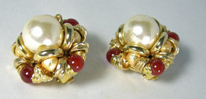 Vintage Faux Pearl & Faux Garnet Clip Earrings - JD10470