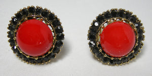 Vintage Signed Karu Red And Black Button Earrings   - JD10288