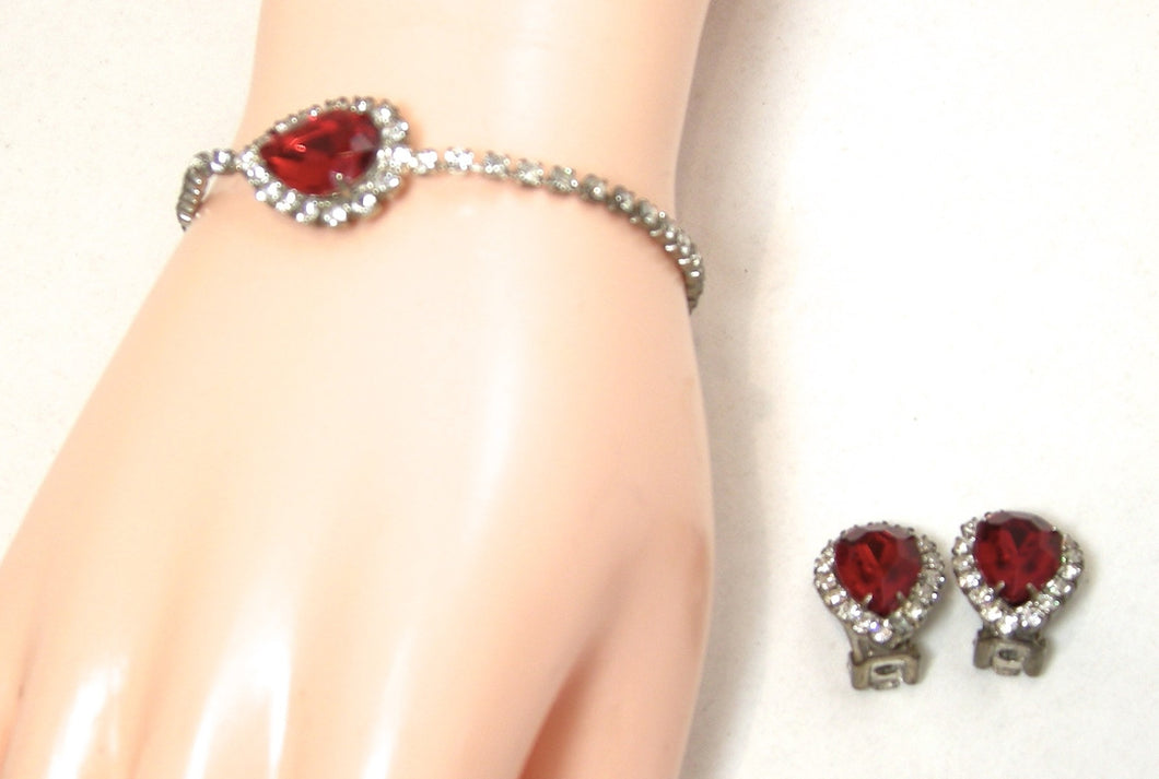 Vintage Red & Clear Crystals Bracelet & Earrings