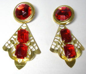 Pierced Red Stone Fan Dangling Earrings - JD10289