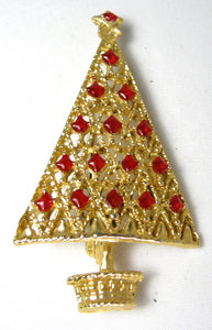 Vintage Gold Tone Red Dot Christmas Tree Pin - JD10161