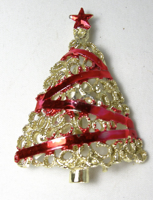 Vintage Red Ribbon Christmas Tree Pin - JD10159