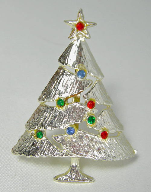 Vintage Silver Tone Rhinestones Christmas Tree Signed “BN” - JD10149
