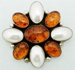 Vintage Signed JJM Amber & Mother of Pearl Sterling Silver Pin/Pendant