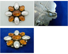 Load image into Gallery viewer, Vintage Signed JJM Amber &amp; Mother of Pearl Sterling Silver Pin/Pendant