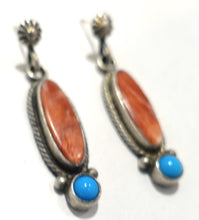 Load image into Gallery viewer, Vintage Sterling Silver Pierced Signed RB Coral &amp; Turquoise Earrings