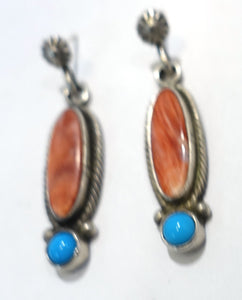 Vintage Sterling Silver Pierced Signed RB Coral & Turquoise Earrings
