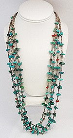 Vintage Turquoise & Coral Fetish 4-Strand Necklace