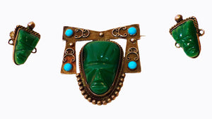 Vintage Signed Mexico, Malachite & Turquoise Figural Face Sterling Silver Pin & Earrings