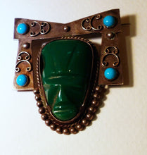 Load image into Gallery viewer, Vintage Signed Mexico, Malachite &amp; Turquoise Figural Face Sterling Silver Pin &amp; Earrings