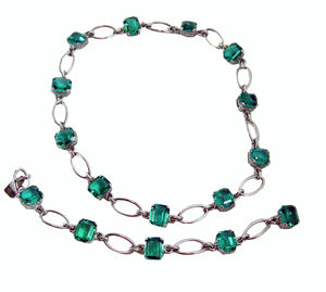 Sterling Silver Green Necklace And Bracelet Open Back Set