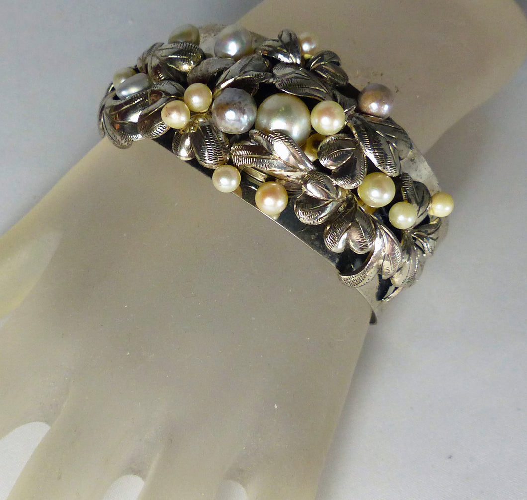 Vintage Unusual Intricate Sterling Silver Pearl Cuff Bracelet