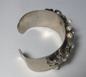 Vintage Unusual Intricate Sterling Silver Pearl Cuff Bracelet