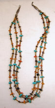 Load image into Gallery viewer, Vintage American Indian Pawn Turquoise, Coral, Onyx Stone 3-Strand Necklace