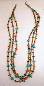 Vintage American Indian Pawn Turquoise, Coral, Onyx Stone 3-Strand Necklace