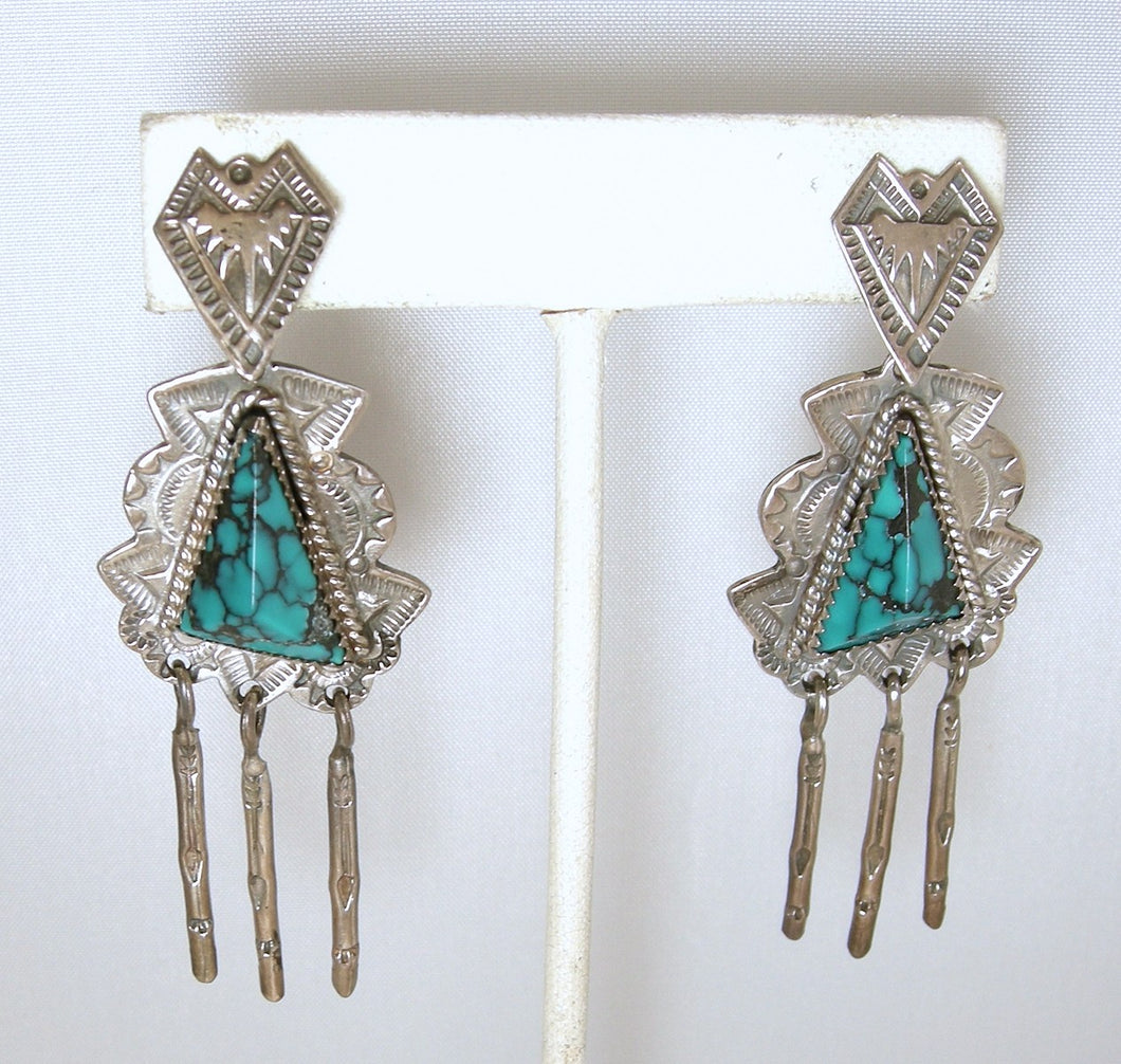 Vintage Native American Signed JR Silversmiths, Turquoise Sterling Dangling Earrings