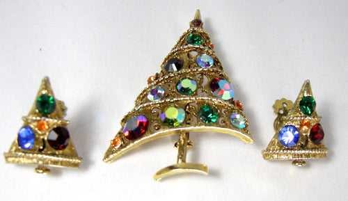 Vintage Signed Weiss Multi-Color Christmas Tree & Matching Clip Earrings - JD10154